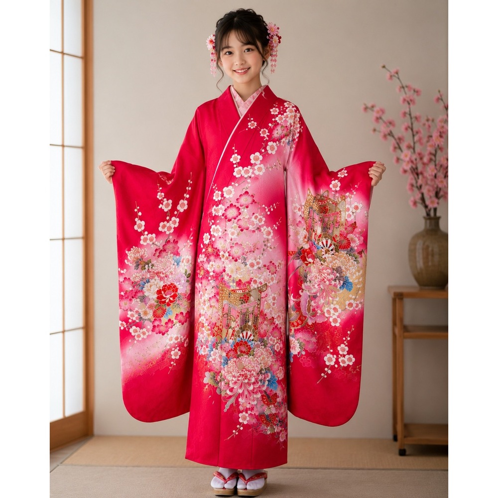 Vintage Japanese Childs Kimono Pink Floral Festival Silk Traditional Kimono Robe